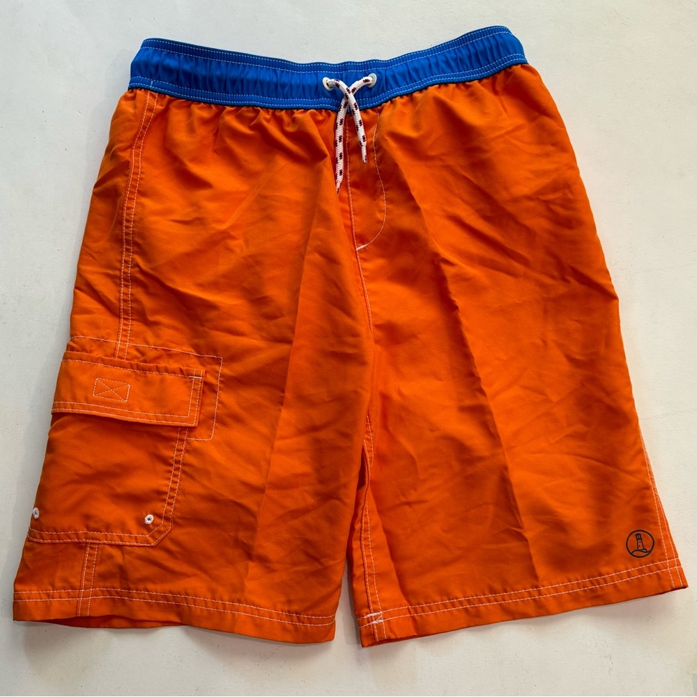 Land’s End kids swim board shorts size 14-16 Large Orange with blue trim, liner